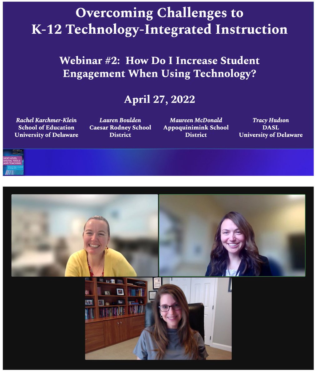 RKarchmerklein's tweet photo. Thanks to everyone who joined us for Webinar #2: How Do I Increase Student Engagement When Using Technology? #NextLevelTechTeaching @LaurenBoulden @DrMcDonaldin1st @UD_DASL @TCPress https://t.co/DzMsgZroS2