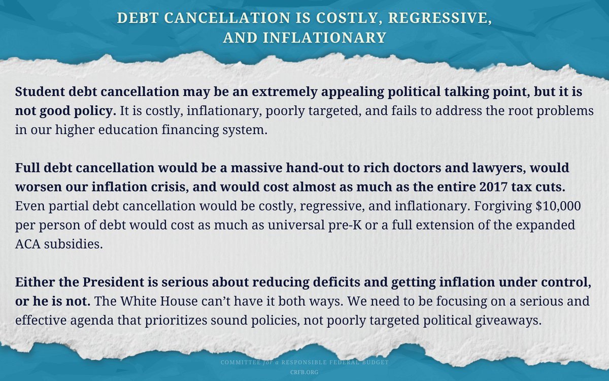 BudgetHawks's tweet image. 🚨President Biden is reportedly seriously considering cancelling a large swath of student debt – this on top of the current repayment pause &amp;amp; other cancellation policies would continue to be costly, regressive &amp;amp; inflationary.

The following is a statement from @MayaMacGuineas: ⤵️