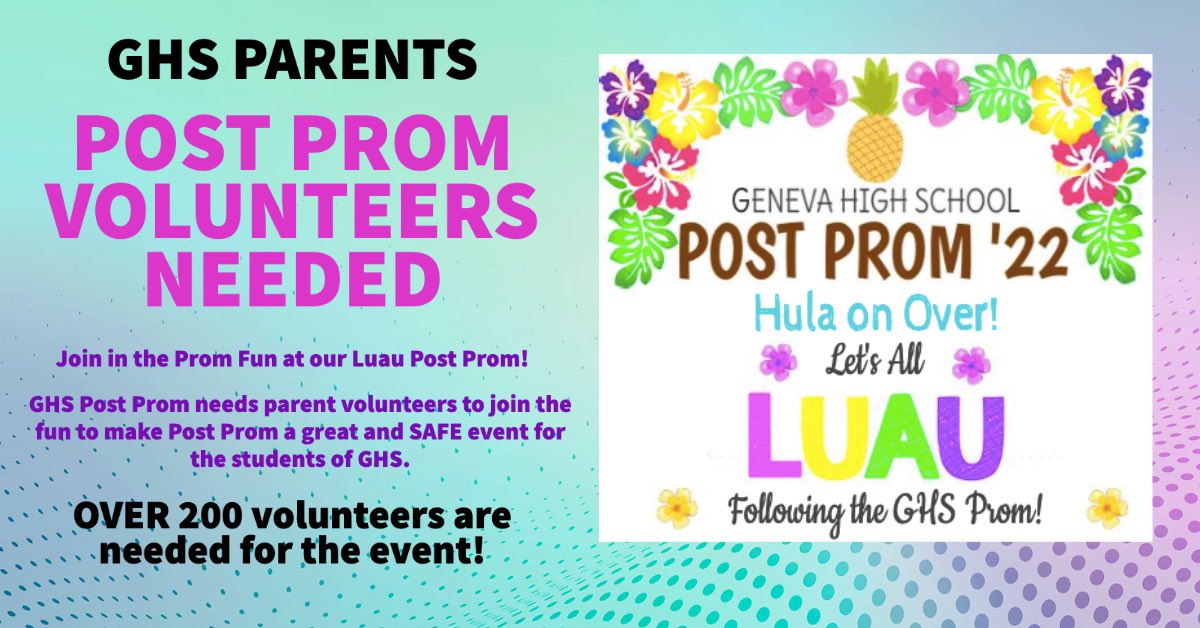 GHSPostProm's tweet photo. We NEED volunteers! Your kids need us to make Post Prom run smoothly! https://t.co/cLi0sJbchA