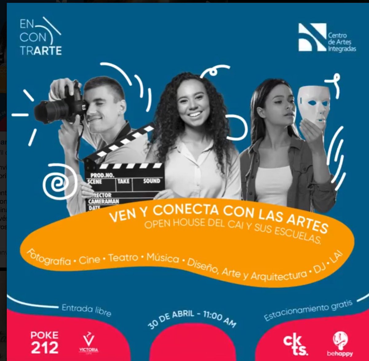 #Arte el próximo sábado 30 de abril podrás asistir a EnconrARTE en el <a href="/CentroArtesInt/">Centro de Artes Integradas</a> ( arriba entrando por la Universidad Metropolitana - Montaña Creativa ) - un día d encuentro donde conocerás d cerca todas las disciplinas artísticas que se ofrece en ese maravilloso espacio