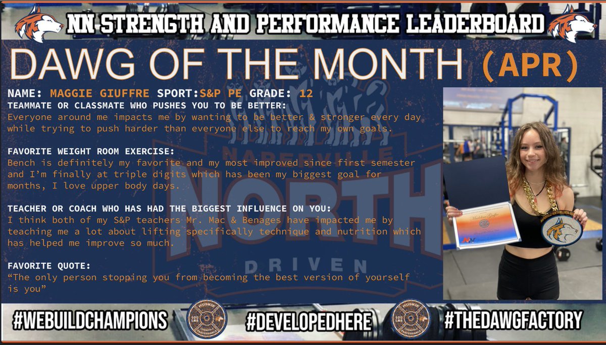 🫵🏽 April 🐺 DAWG of the Month 👊🏽

🙌🏽Congratulations Maggie Giuffre❕

📍#TheDawgFactory
#DevelopedHere
#WeBuildChampions
