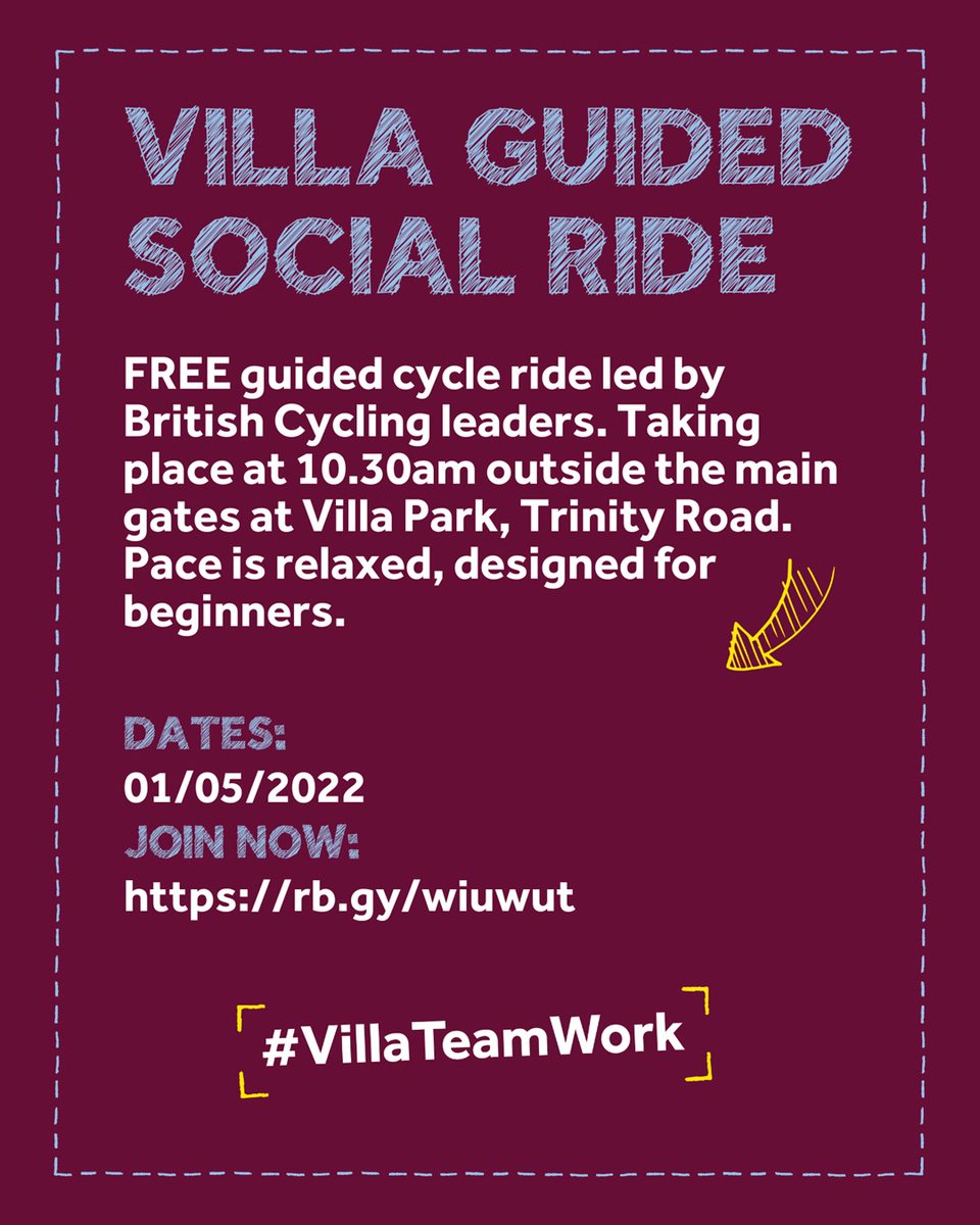 CyclingVilla's tweet photo. Take part in monthly free guided bike rides from Villa Park with @BritishCycling leaders. Suitable for beginners to build up their confidence and fitness. Also a great way to meet fellow Villans. 💜

Next ride taking place- Sunday, May 1. 🚴

Join now: https://t.co/KB39OAX11Q https://t.co/0zR87LF8Qk