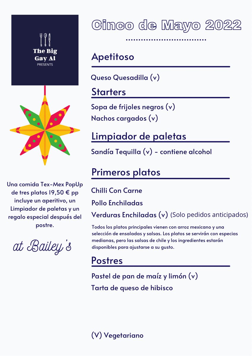The full menu for Cinco de Mayo next week at Bailey’s in Ventas. A few places remain so get your reservations in quick! Only €19.50 for three courses plus appetiser, palate cleanser and a special treat after dessert!