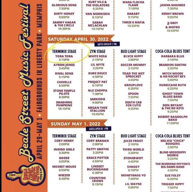 ToraToraRocks's tweet photo. See y’all Saturday at 2:15! Let’s rock Tora Tribe!!🤘⚡️🎶 #bsmf22 #toratora #memphisrocknroll #toratribe #bastardsofbeale 💥 https://t.co/VnTHAIbgP8