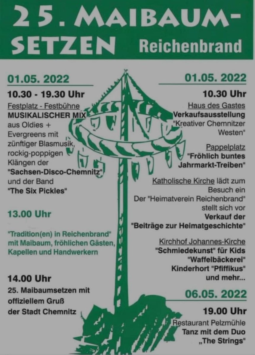 Am 1.5.2022 ist endlich wieder Maibaumsetzen. Aufgrund der vielen Straßensperren in Siegmar und Reichenbrand gibt es KEINEN Umzug!!! #Chemnitz #reichenbrand #maibaum #mai #maibaumsetzten