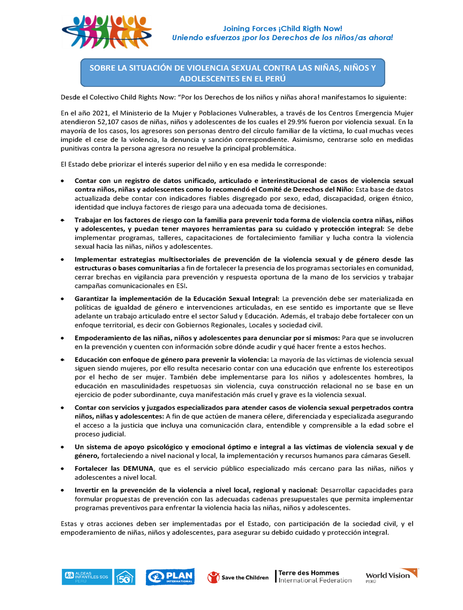AldeasSOSPeru's tweet photo. #PRONUNCIAMIENTO  | Sobre la situación de violencia sexual contra las niñas, niños y adolescentes 👧🏽👦🏻 en el Perú pedimos al Estado priorizar el Interés Superior de la Niñez. 👇 https://t.co/cGZ6S0FDj2