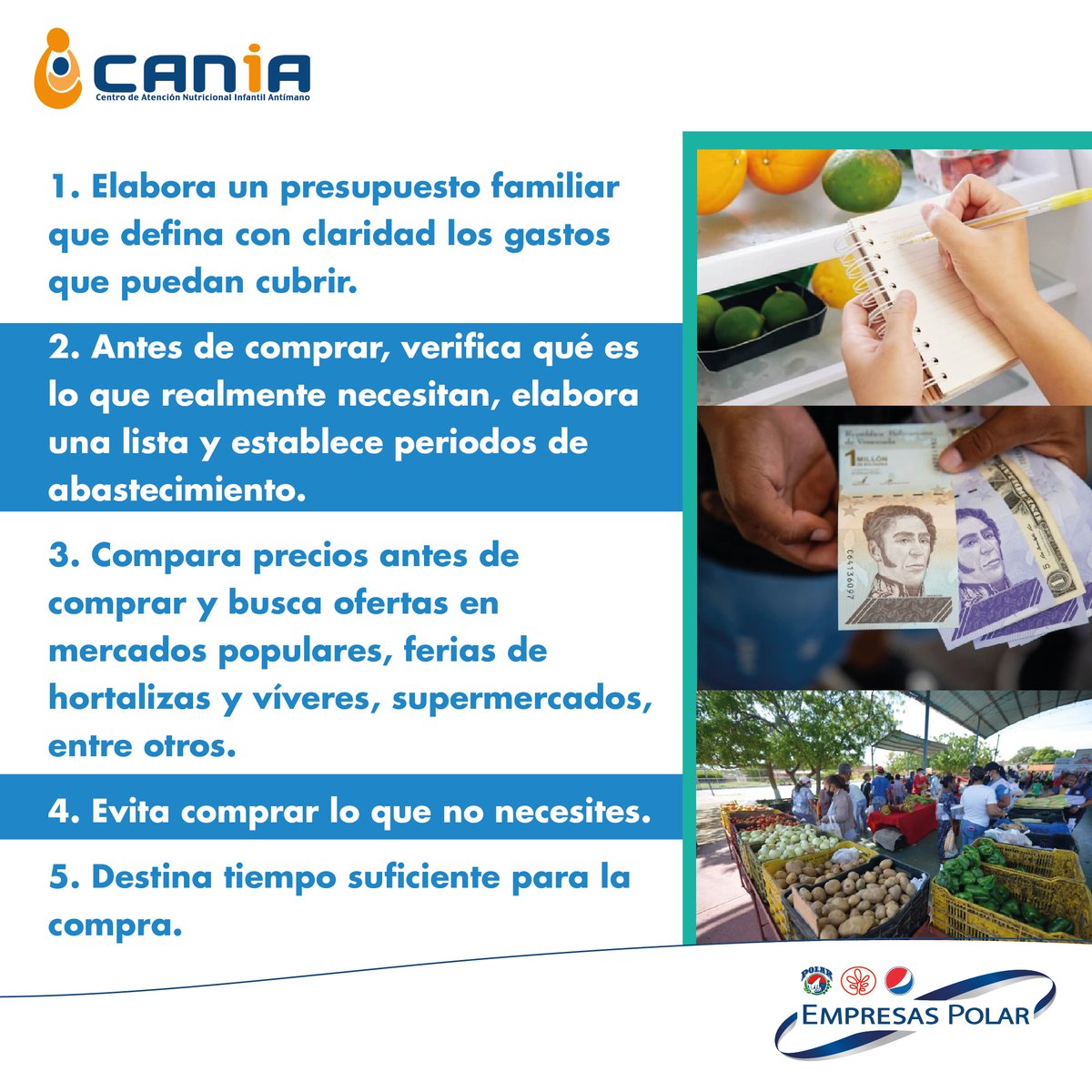 CANIAoficial's tweet photo. Desliza la imagen y conoce algunas de las recomendaciones para la hora de realizar las compras de alimentos del grupo familiar.
#CompraDeAlimentos #PresupuestoFamiliar #Planificación #Economía #EconomíaFamiliar #AlimentaciónEquilibrada #CaniaRecomienda https://t.co/eQSpz3DpZ9