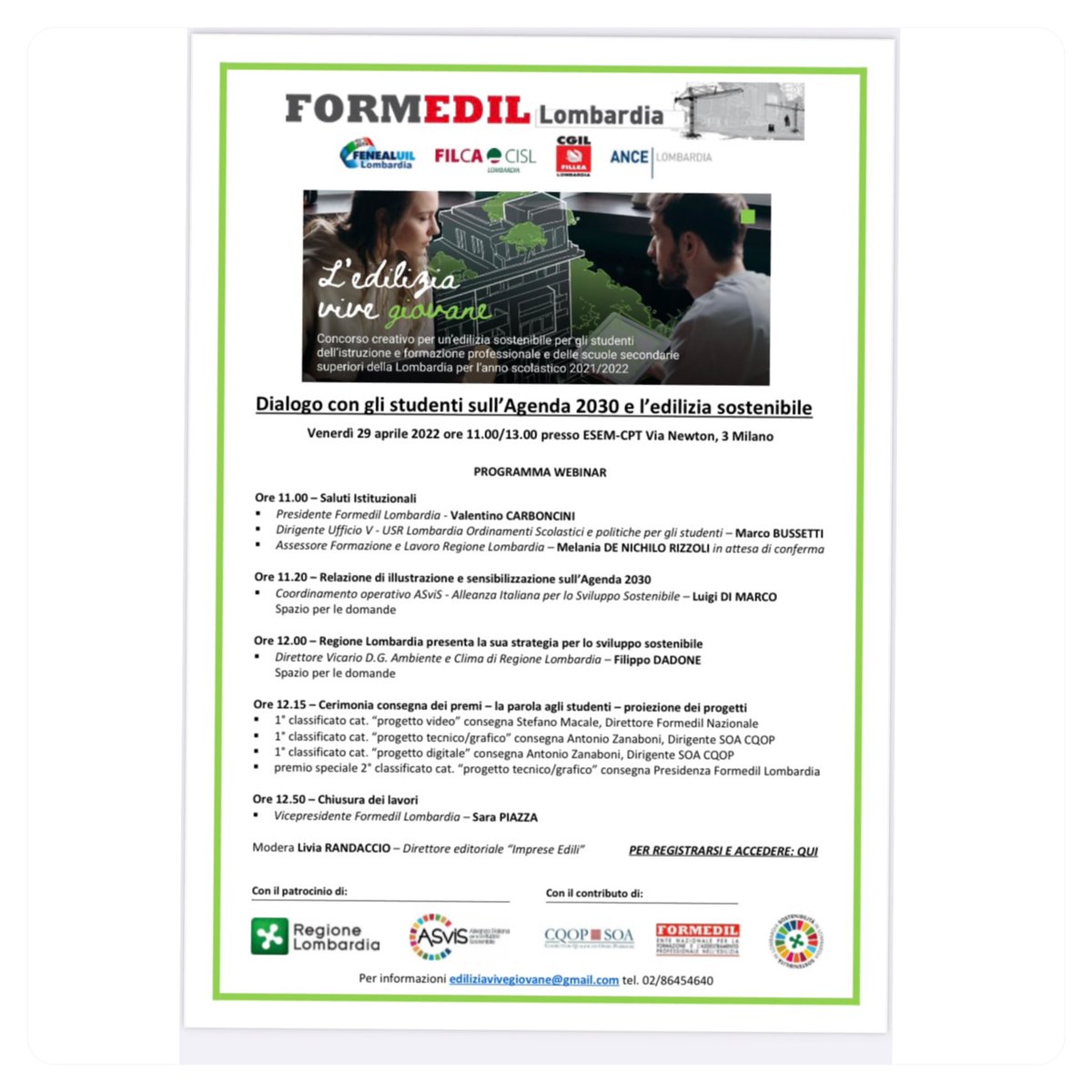 Formedil Lombardia e ANCE Lombardia dialogano con gli studenti di Agenda 2030 e di edilizia sostenibile. 
Qui di seguito il link per registrarsi:

streamitalia.biz