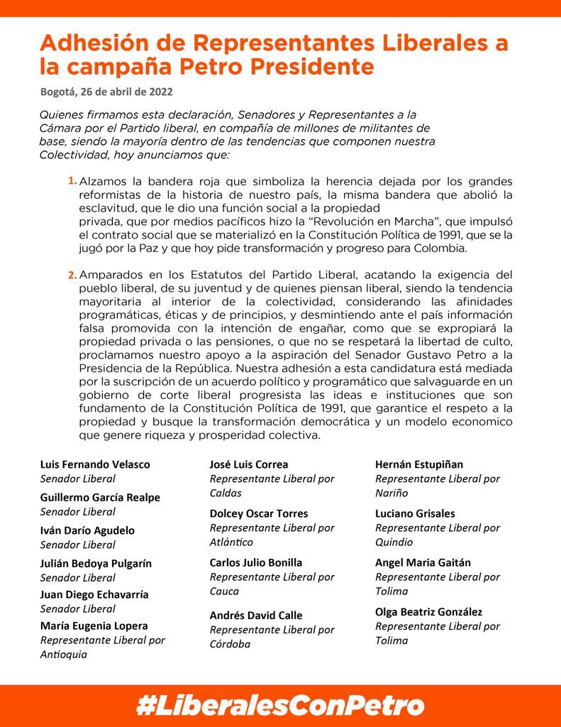 petrogustavo's tweet photo. Agradezco el apoyo del liberalismo que quiere el cambio y construir el futuro de paz y democracia.

Vamos a un gran Frente Amplio que haga de Colombia una Potencia Mundial de la Vida. https://t.co/F8o2BQcEKF
