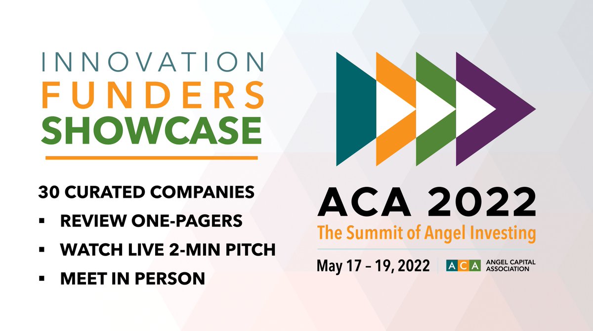 Check out the Innovation Funder’s Showcase at the #ACAAngelSummit. 30 highly curated companies will present over two fast-paced sessions. Meet them all in-person when you register and attend ACA 2022. Register today! bit.ly/3rXO8mB