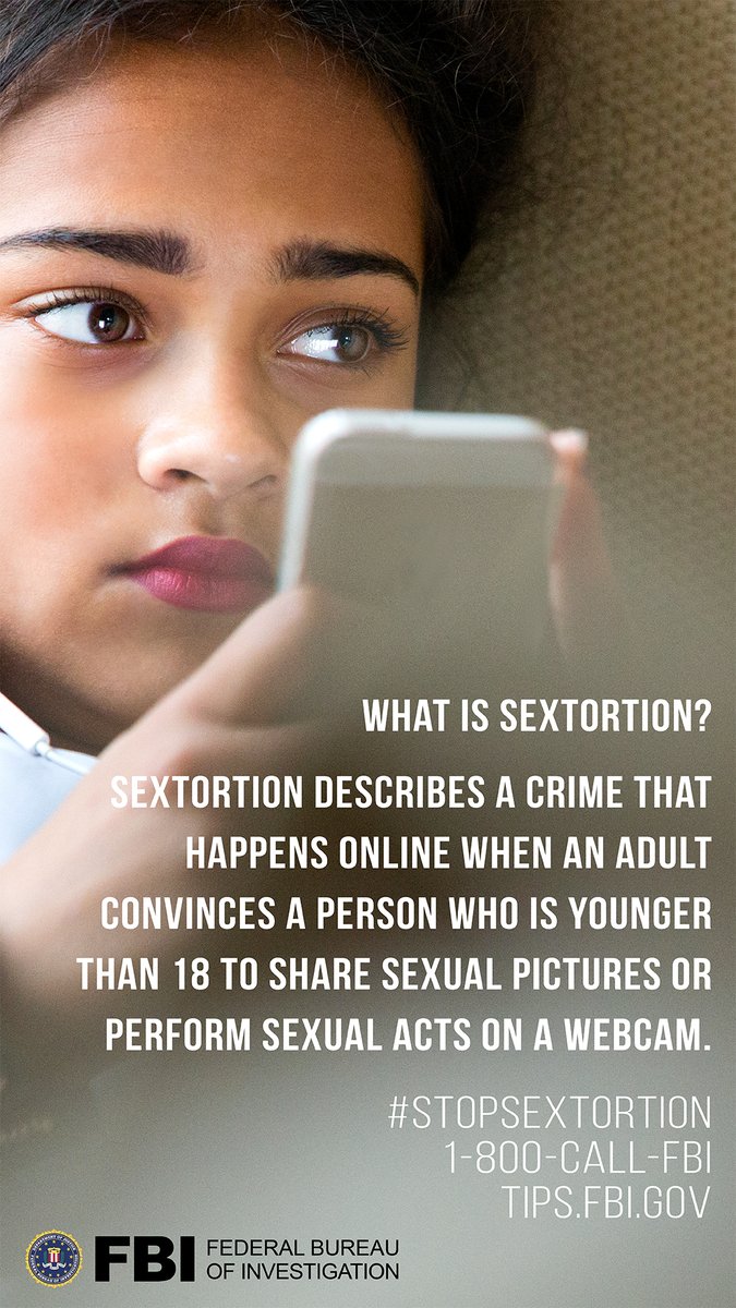 FBI's tweet photo. A1b. Recently, the #FBI has seen a dramatic increase in the number of cases involving children and teens being threatened and coerced by adults into sending explicit images online—a crime called sextortion. Learn more about this threat at https://t.co/yXUXtmTMVC. #NCAPM https://t.co/Q0HluAhbqK