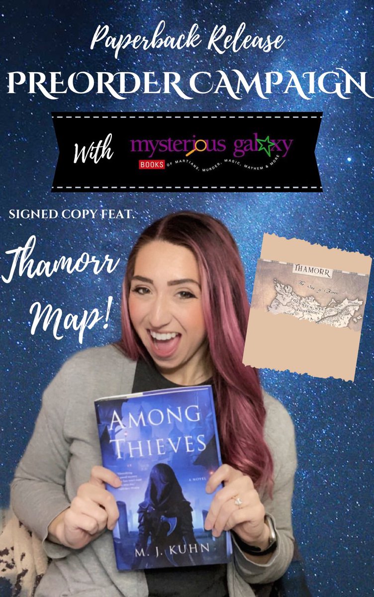 ✨ATTENTION PAPERBACK LOVERS✨

Among Thieves releases in PB on 5/17

Preorder today through <a href="/MystGalaxyBooks/">Mysterious Galaxy</a> to receive…

🗺An official Thamorr map (designed by <a href="/sorayacorcoran/">Soraya</a>)
✍️A signed bookplate
📖The book (duh)

mystgalaxy.com/among-thieves-…
^CLICK HERE!^