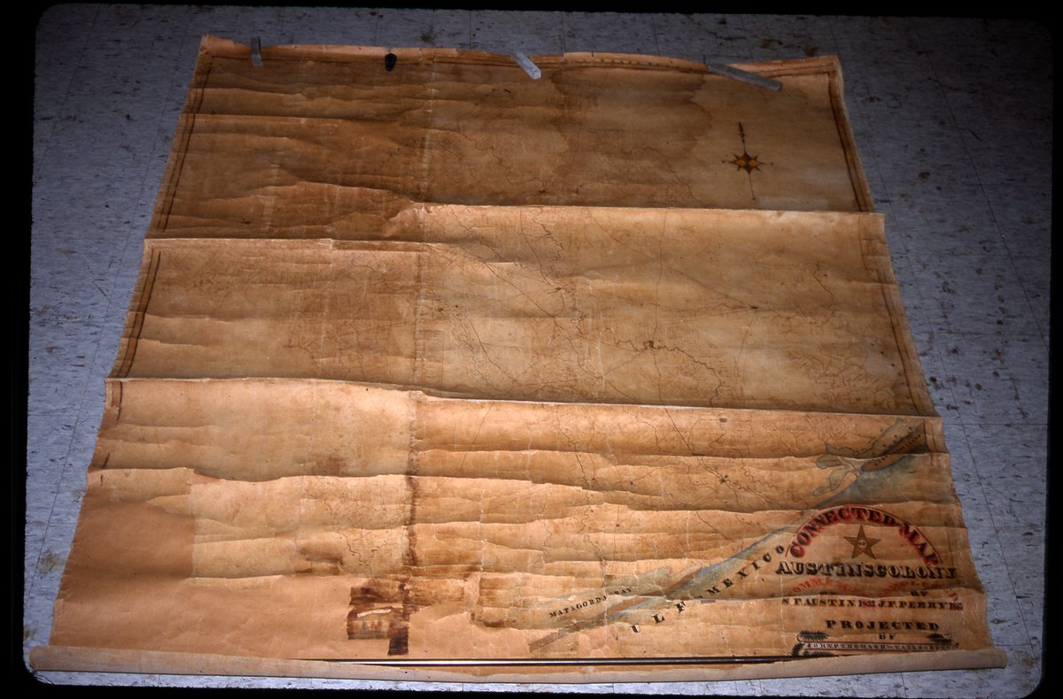 SaveTXHistory's tweet photo. Map two for #NationalPreservationWeek might be our most historically significant map. This massive manuscript map of Austin’s Colony shows all land grants issued to the Old 300. It sat on top of a cabinet for 100 yrs before we received it in 2001. (1/2) https://t.co/1oOJ1190sh