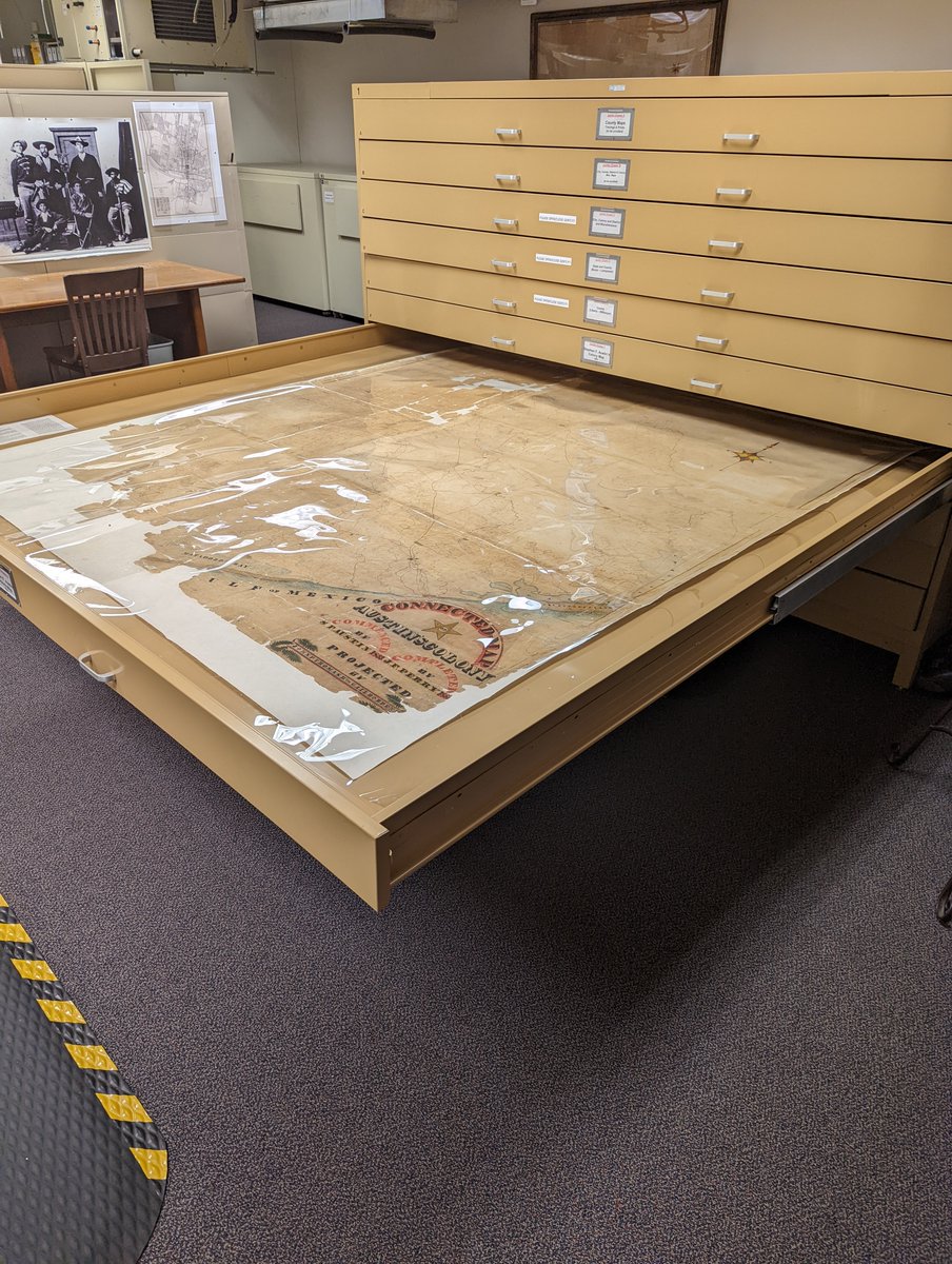 SaveTXHistory's tweet photo. Map two for #NationalPreservationWeek might be our most historically significant map. This massive manuscript map of Austin’s Colony shows all land grants issued to the Old 300. It sat on top of a cabinet for 100 yrs before we received it in 2001. (1/2) https://t.co/1oOJ1190sh