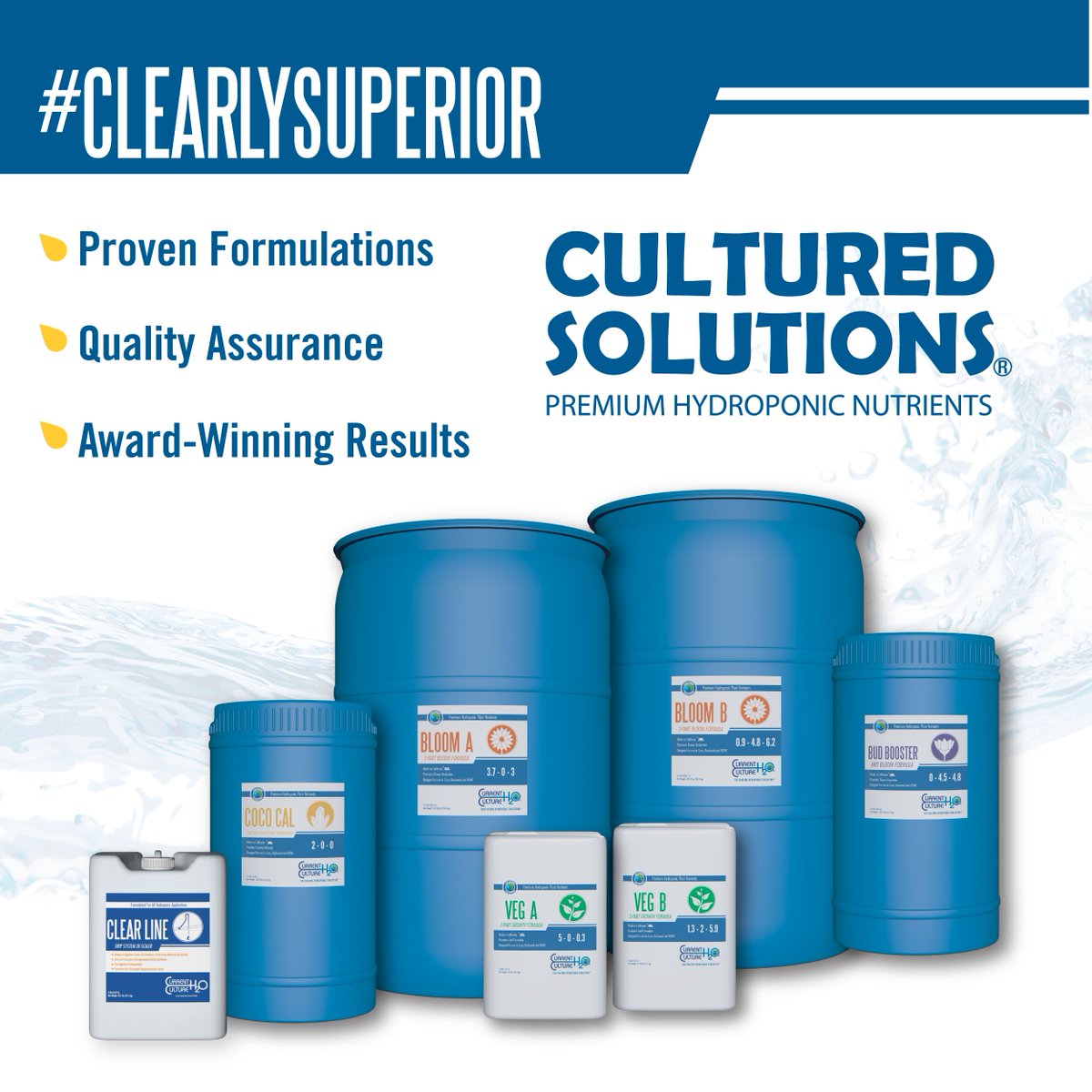 currentculture's tweet photo. These unique liquid nutrient blends provide world-class results while keeping irrigation systems free from sediments and build-up. #clearlysuperior 

#hydroponics #rdwc #nutrients #culturedsolutions #cropfeeding #bud #trichomes #resin #terpenes #cch2o #noBSinCS #growyourown https://t.co/TPxRsrJkPl