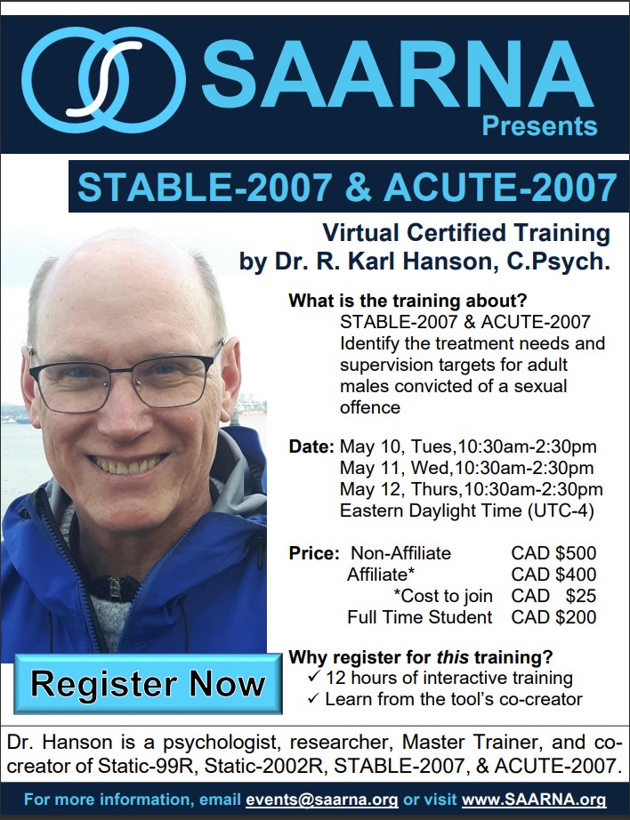 SAARNAOrg's tweet photo. Work with men convicted of #sexabuse?
Register now for @rkarlhanson's May 10th #STABLE2007 #ACUTE2007 training!
https://t.co/fPntnzInkW https://t.co/ogZQDC7NKd