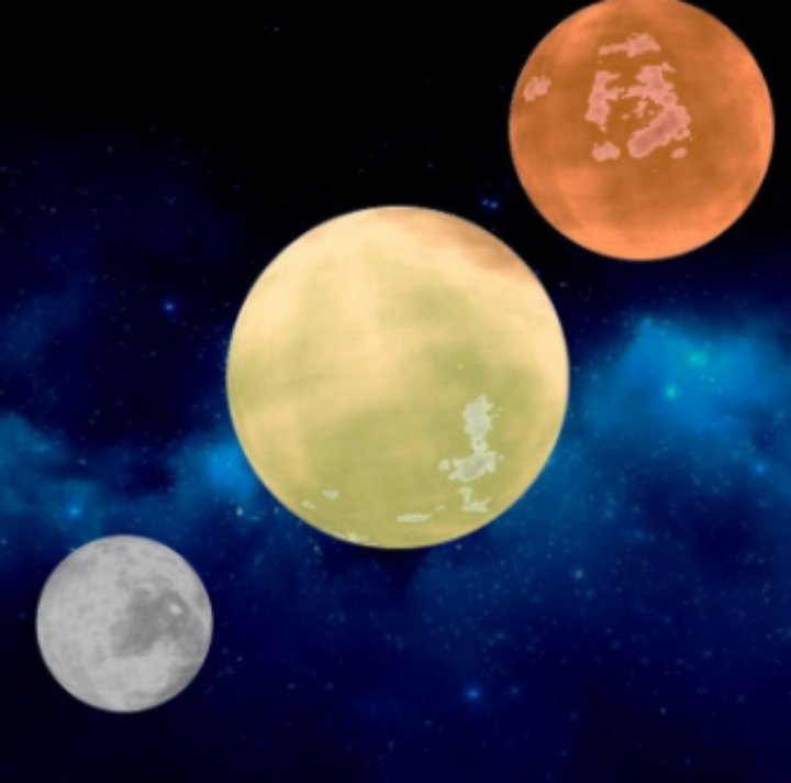 RollPlayGamers's tweet photo. Tailyeria has 3 #moons; Bo'rii or Wolf Moon (small grey), Satoh or Harvest Moon (large yellow), and Gwaid or Blood Moon (medium orange). Each year has 3 seasons, the Bo'rii Linger, Satoh Linger, and Gwaid Linger as each moon's cycle lasts 4 months. #dnd #lore #newcampaign https://t.co/ioPVsdVMha