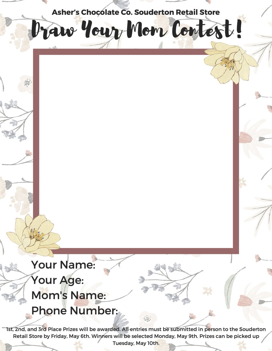 AshersChocolate's tweet photo. Calling all kids! Show us your best drawing of Mom!
Print our Entry Sheet, draw your Mom, and submit it to our Souderton Retail Store by Friday, May 6th for the chance to win some great prizes!
#AshersChocolates #MothersDay #DrawYourMom https://t.co/AT4kPaqzIv