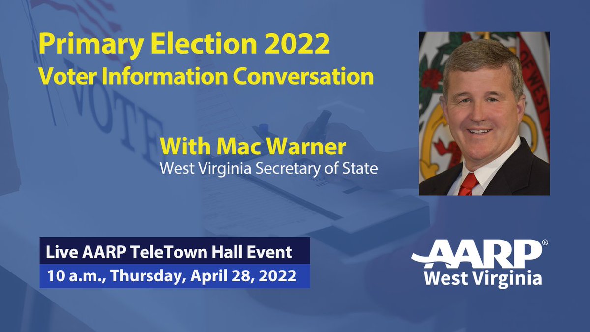 AARPWV's tweet photo. Have questions about voting in the upcoming WV Primary? @wvsosoffice Mac Warner joins @aarpwv for a statewide conversation on All Things #Election2022 at 10 a.m., Thursday, April 28. Register to participate in this interactive event here: https://t.co/hd6uEcK5wx #AARPVotes https://t.co/pVZvBvnxZZ