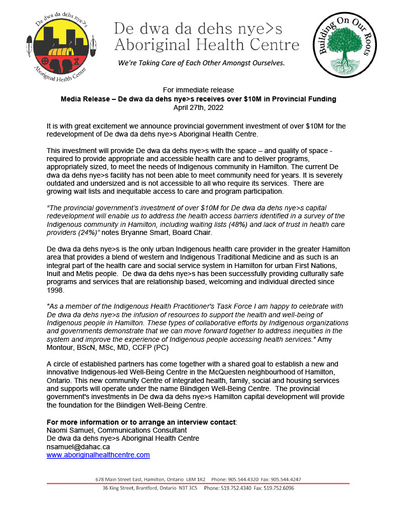 It is with great pleasure that De dwa da dehs nye&gt;s is able to announce the provincial government investment of $10M for the redevelopment of the Aboriginal Health Centre in Hamilton, Ontario.
*Repost*