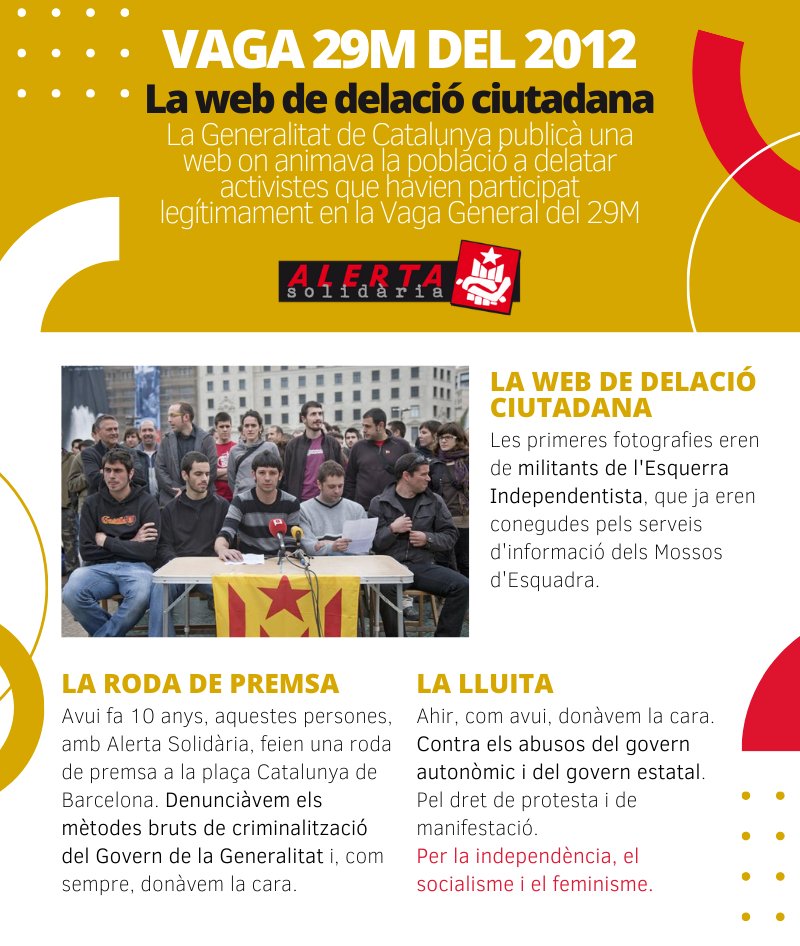 AlertaSolidaria's tweet photo. 👉 Avui fa 10 anys!

Cop d'efecte brutal: roda de premsa en què les persones suposadament més buscades per la web de delació ciutadana dels Mossos donaven la cara.

Per la independència, el socialisme i el feminisme ✊

@COSnacional https://t.co/n62eudFykN