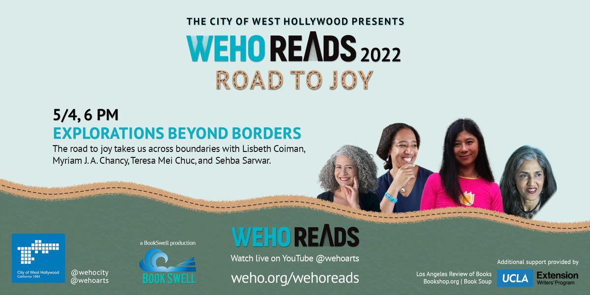 BookSwellClub's tweet photo. Only one week until #WeHoReads #RoadToJoy: Explorations Beyond Borders, featuring Lisbeth Coiman, Myriam J. A. Chancy, Teresa Mei Chuc, and Sehba Sarwar.
May 4, 6 pm PT
https://t.co/59CaEJoeJv
@WeHoReads @WeHoArts @LisbethCoiman @sehbasarwar @CodySisco #poetry #fiction #joy https://t.co/SMDFlpqopx