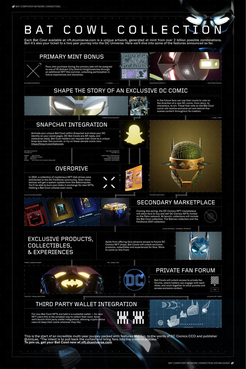 Each Bat Cowl available at nft.dcuniverse.com is a unique artwork, generated at mint from over 2 billion possible combinations. But it’s also your ticket to a two year journey into the <a href="/DCComics/">DC Comics</a> Universe. Here we’ll dive into some of the features announced so far. 1/10