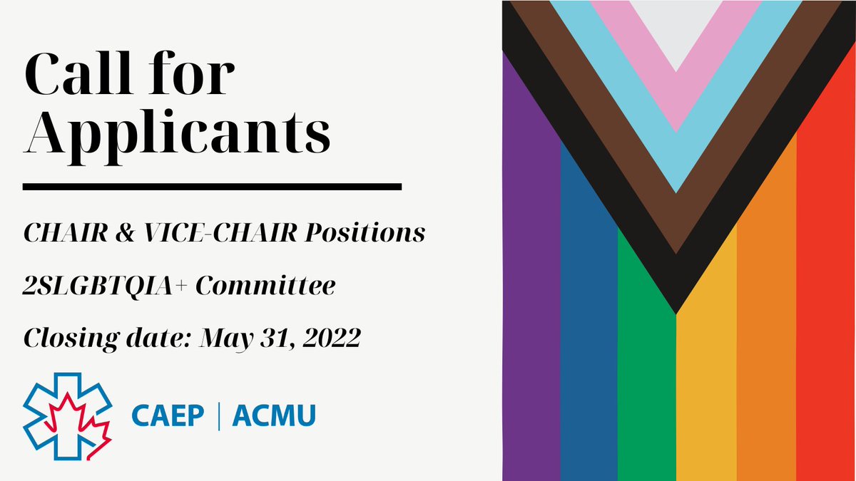 CAEP 2SLGBTQIA+ (@caep_2slgbtq) on Twitter photo Call for applicants for Chair & Vice-Chair CAEP 2SLGBTQIA+ Committee. Please send your expression of interest or questions to cbova@caep.ca
Must be a CAEP member. Does not need past experience or previous committee membership to apply Call for applicants for Chair & Vice-Chair CAEP 2SLGBTQIA+ Committee. Please send your expression of interest or questions to cbova@caep.ca
Must be a CAEP member. Does not need past experience or previous committee membership to apply