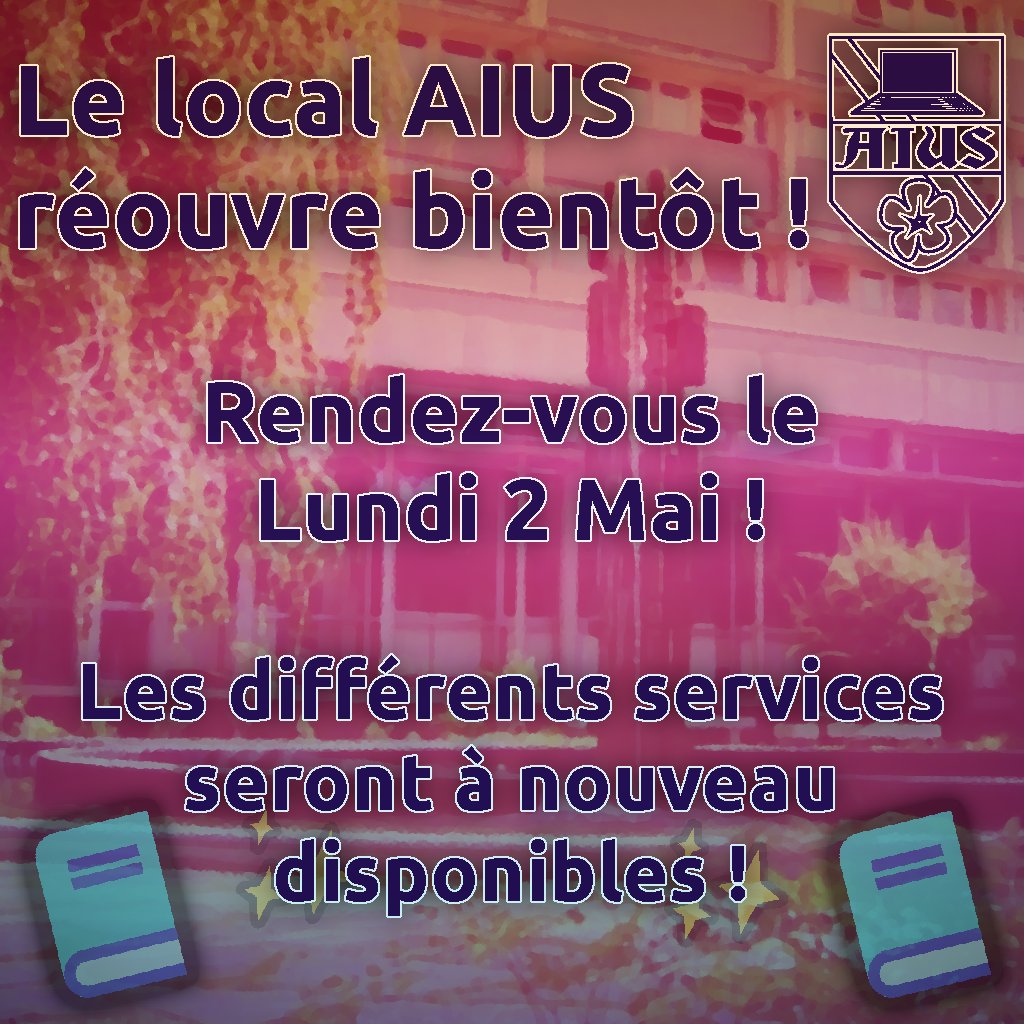Le local de l'AIUS ouvre bientôt !
Les services habituels aux adhérent.e.s seront de nouveau d'actualité : reliure, cables ethernet, snacks ... et bien plus !
Il sera ouvert de 7h30 à 18H en semaine.
Alors rendez-vous le 2 mai !
Nous sommes très heureux de vous retrouver ✨