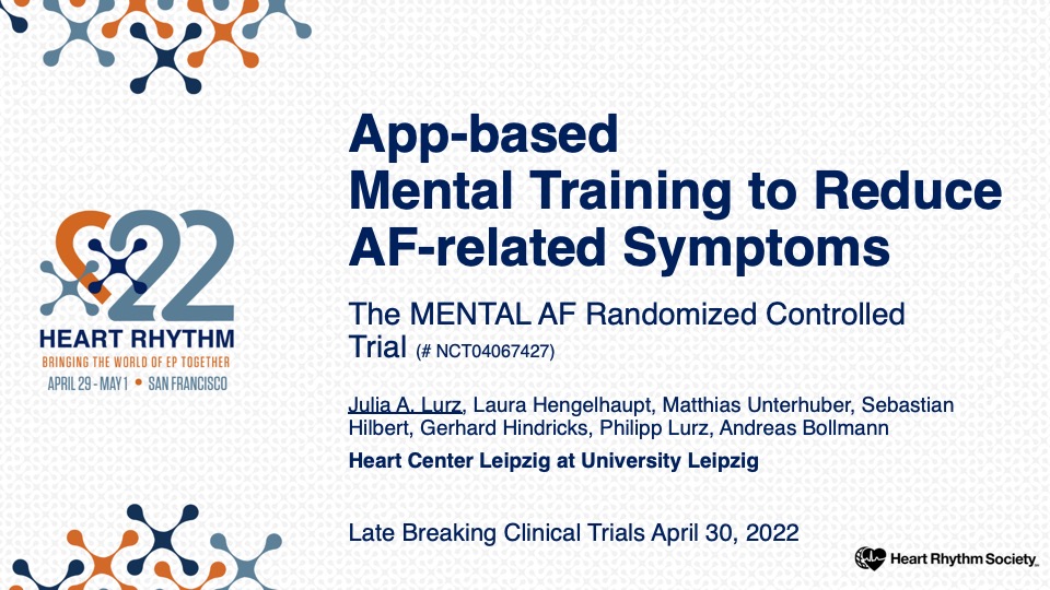 excited! and honoured to present the results of our mental-af.de trial @HRSonline #hrs2022 in the LBCT session in #SanFrancisco #WIC #EPeeps @YoungDgk @AGEP_DGK @GerdHindricks @ABollmannMD @DJ_Lakkireddy @WomenCardiology @m_unterhuber @shilbert_md
