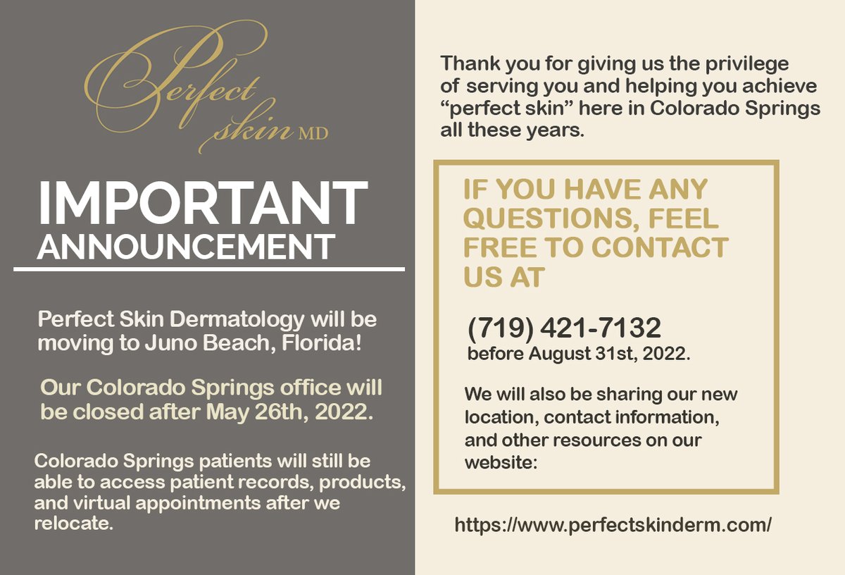 PerfectSkinMD's tweet image. 𝐈𝐌𝐏𝐎𝐑𝐓𝐀𝐍𝐓 𝐀𝐍𝐍𝐎𝐔𝐍𝐂𝐄𝐌𝐄𝐍𝐓
Perfect Skin Dermatology will be moving to Juno Beach, Florida!
𝙊𝙪𝙧 𝘾𝙤𝙡𝙤𝙧𝙖𝙙𝙤 𝙎𝙥𝙧𝙞𝙣𝙜𝙨 𝙤𝙛𝙛𝙞𝙘𝙚 𝙬𝙞𝙡𝙡 𝙗𝙚 𝙘𝙡𝙤𝙨𝙚𝙙 𝙖𝙛𝙩𝙚𝙧 𝙈𝙖𝙮 26𝙩𝙝, 2022.
#DrSusanSchroeder #JunoBeachFlorida