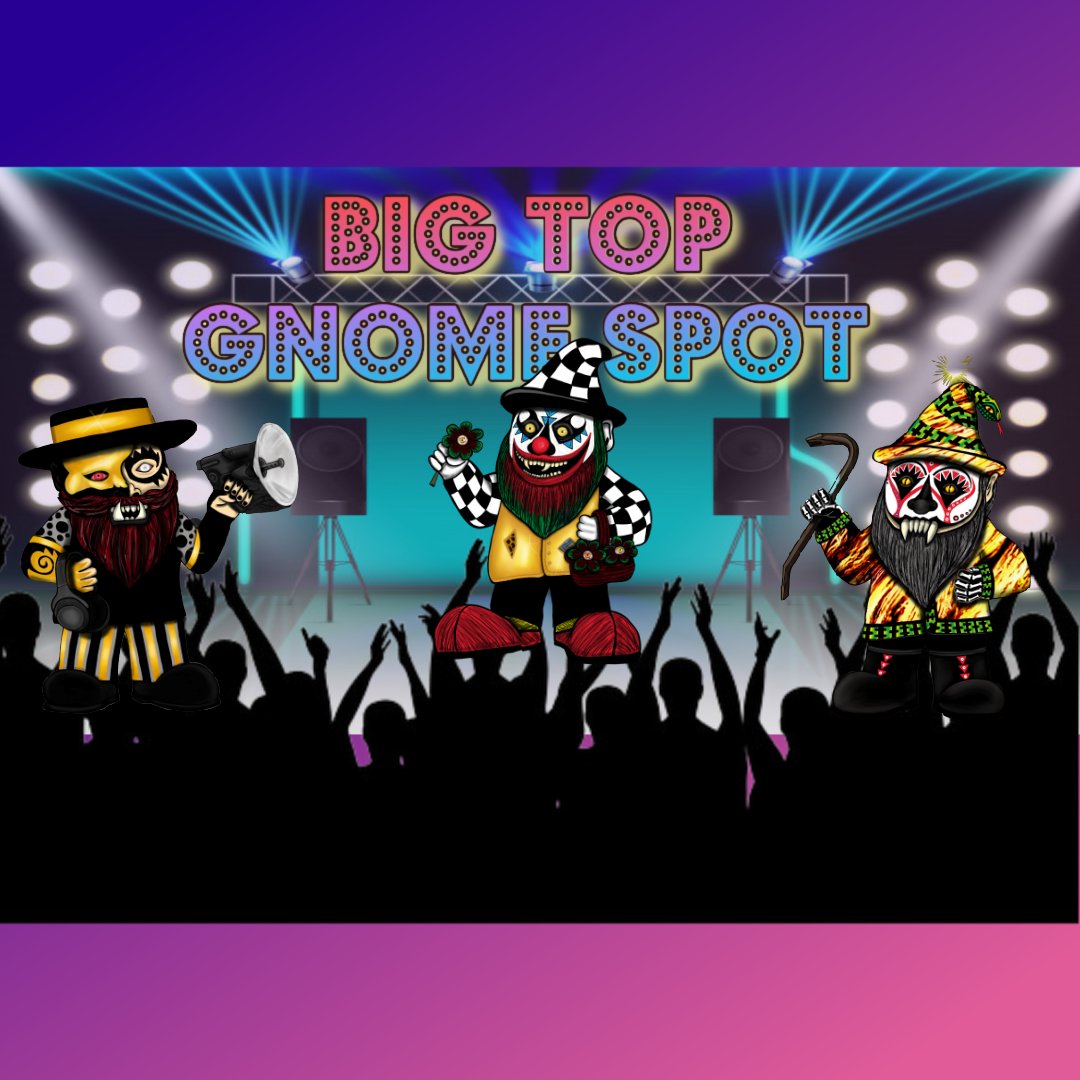 P2E festival-filled music-inspired 10k project. IRL Festival Tickets, Digital Concerts, In-game $SPOILS, and Staking... 
Come Join Early -✅Follow me
✅Like &amp; RT before we moon🌚
#bigtopgnomespot #NFTCommunity #NFTGaming  #NFT #NFTs #NFTWorlds #MusicNFT #Metaverse #nftart