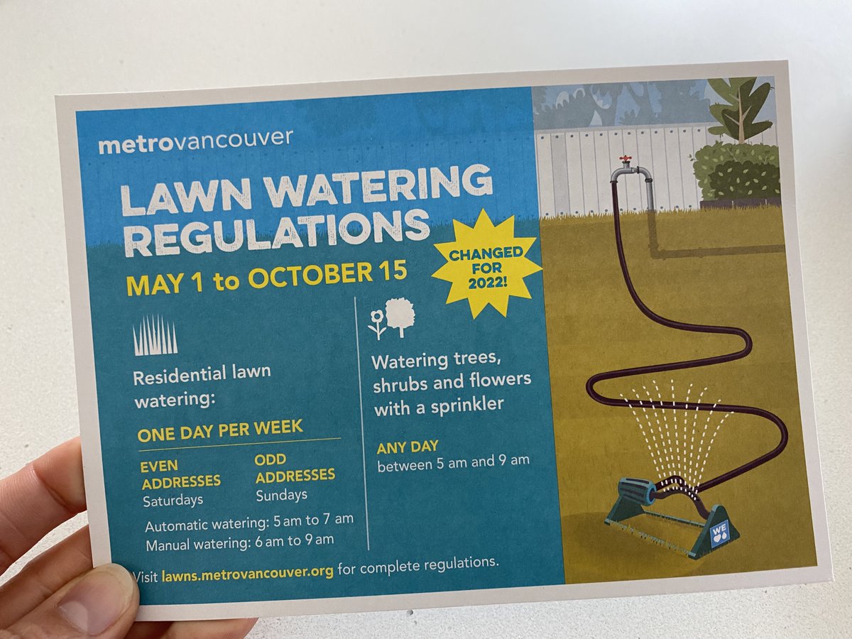 It’s getting to be watering season. Check your mailbox for the new watering restrictions so you’re not caught off guard. The new rules take effect May 1st. 
Learn more at metrovancouver.org/lawns
#Delta #CityofDelta #waterrestrictions #MetroVancouver