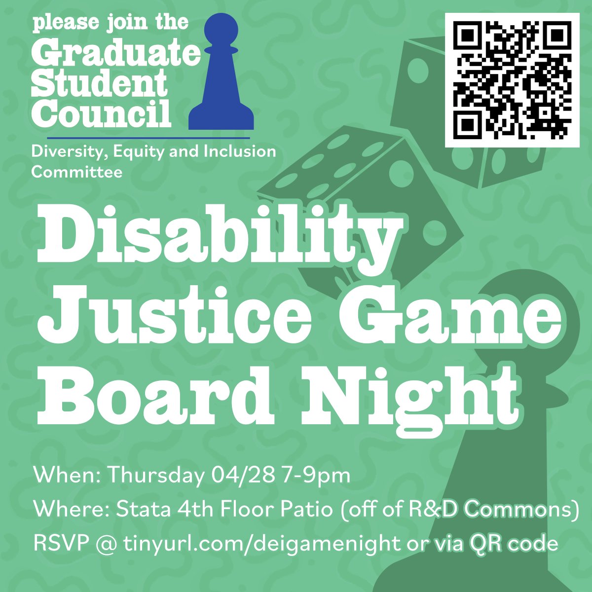 GSC_DEI's tweet image. Join GSC DEI for our Disability Justice Board Game Night for grad students, especially those who identify as disabled and/or neurodivergent. Dinner is provided - RSVP to help us plan! tinyurl.com/gscdeigamenight. Email gsc-diversity-officers@mit.edu with any questions!