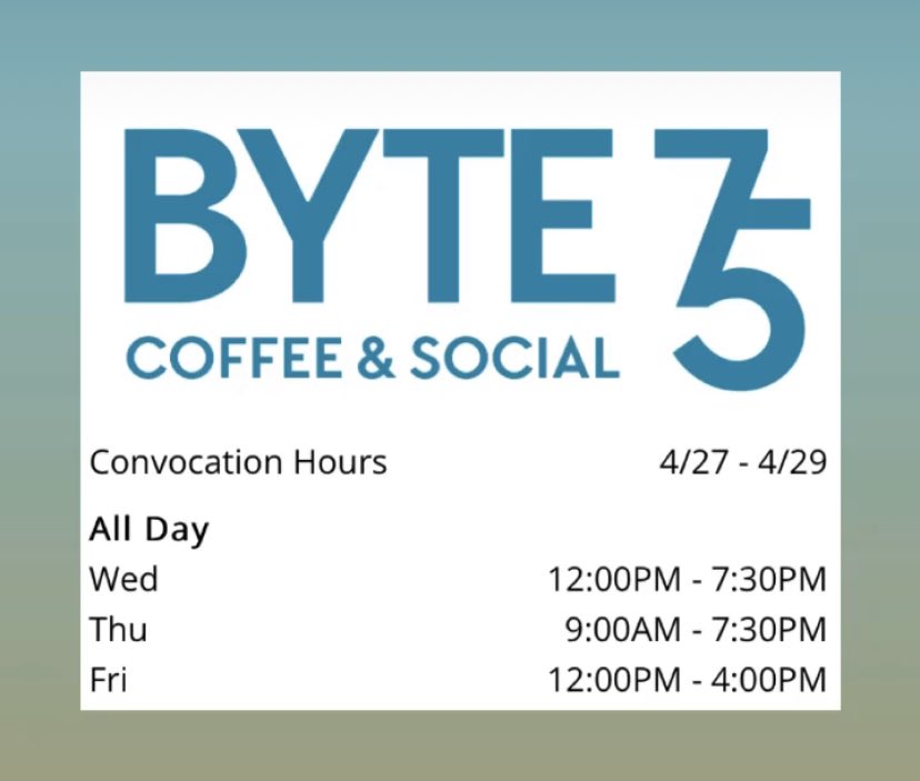 Byte 75 is OPEN! Save our convocation hours and visit us all spring/summer long. 
🔗 Hours link in bio. 
#FeedingYourPotential