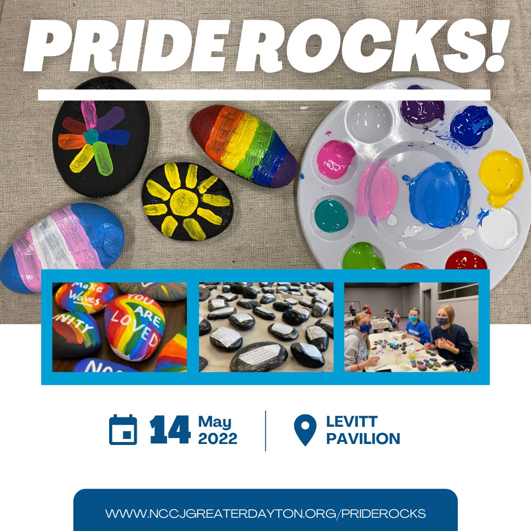 Pride Rocks! is coming up! Will you be there on May 14? Join this important event to help reduce suicide in the LGBTQ+ Community. Listen to live music, paint Pride themed rocks, enjoy a FREE meal. Register TODAY to claim your free shirt: nccjgreaterdayton.org/priderocks