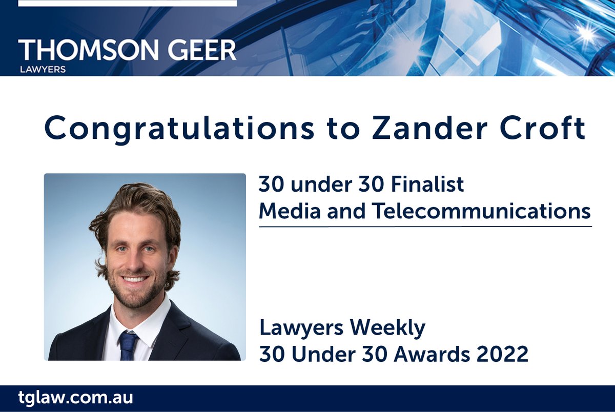 Thomson Geer (@thomsongeer) on Twitter photo Good luck to Media team Associate Zander Croft who's a finalist in this year's <a href="/LawyersWeekly/">Lawyers Weekly</a> 30 Under 30 Awards for Media and Telecommunications. Good luck to Media team Associate Zander Croft who's a finalist in this year's <a href="/LawyersWeekly/">Lawyers Weekly</a> 30 Under 30 Awards for Media and Telecommunications.