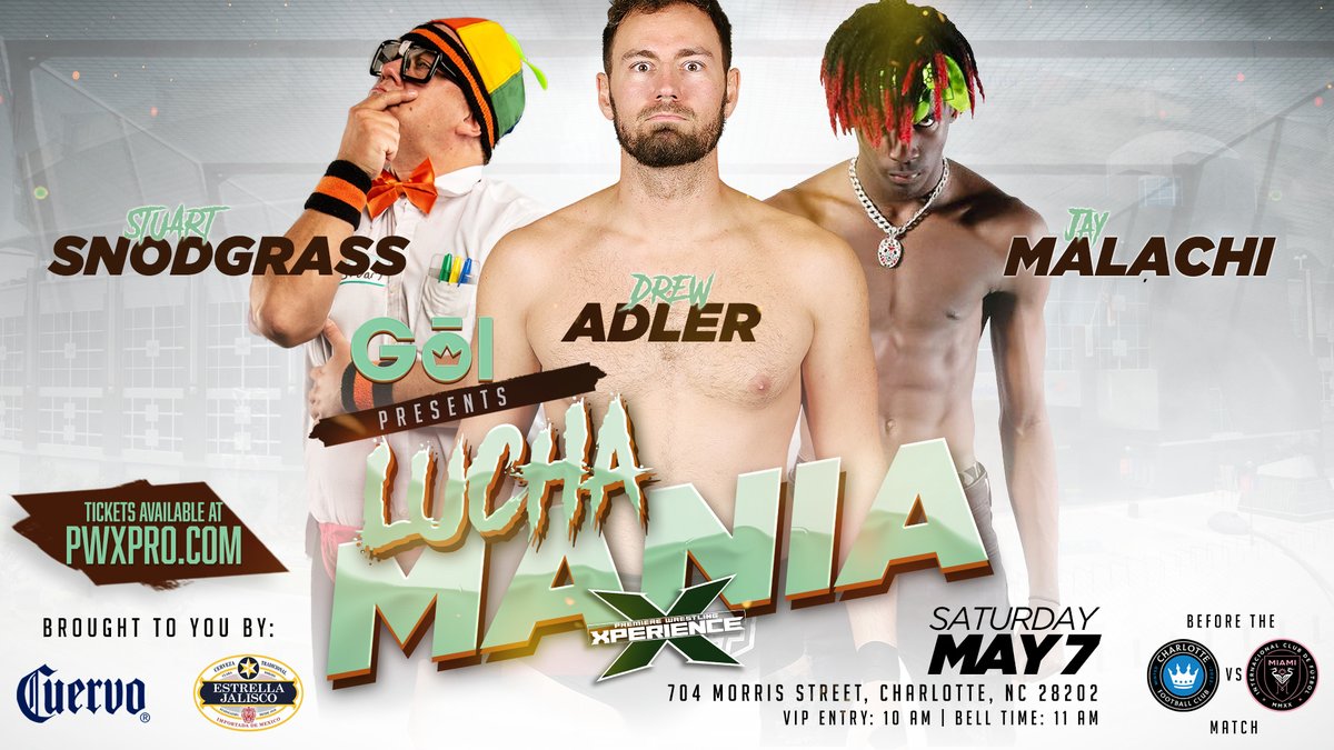 #LuchaMania Match Announcement!!! @DrewAdlerTTN vs @StuartSnodgrass vs @ThaYxungOG #GoLCLT & PWX Presents #LuchaMania Saturday, May 7th, 2022 VIP Meet & Greet: 10am | Bell: 11am Join us before the @CharlotteFC game for some #Lucha Purchase Tix at: pwx.simpletix.com
