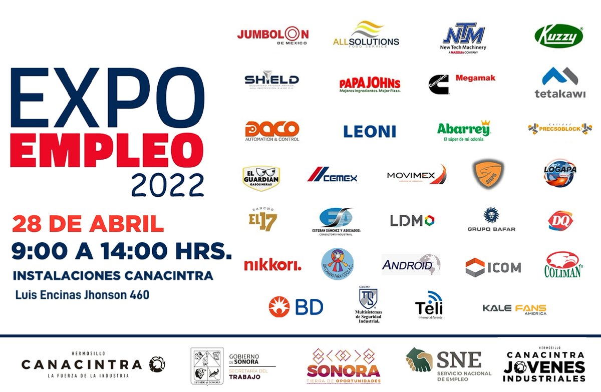 No olvides el día de mañana jueves 28 de Abril te esperamos en #ExpoEmpleo2022 #CANACINTRAHmo, contaremos con la participación de 31 empresas que están esperando por ti. 

¡No faltes!