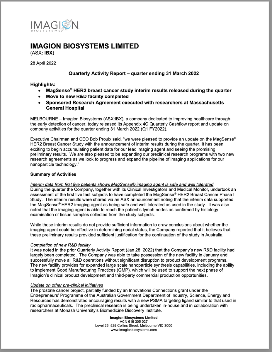 imagionbio's tweet photo. We have released our Quarterly Activity Report and Appendix 4C for the period ending on 31 March 2022. Read the full announcements here: 
https://t.co/ObUMSDIb8j $IBX #ASX https://t.co/Uhpv5jAnbz