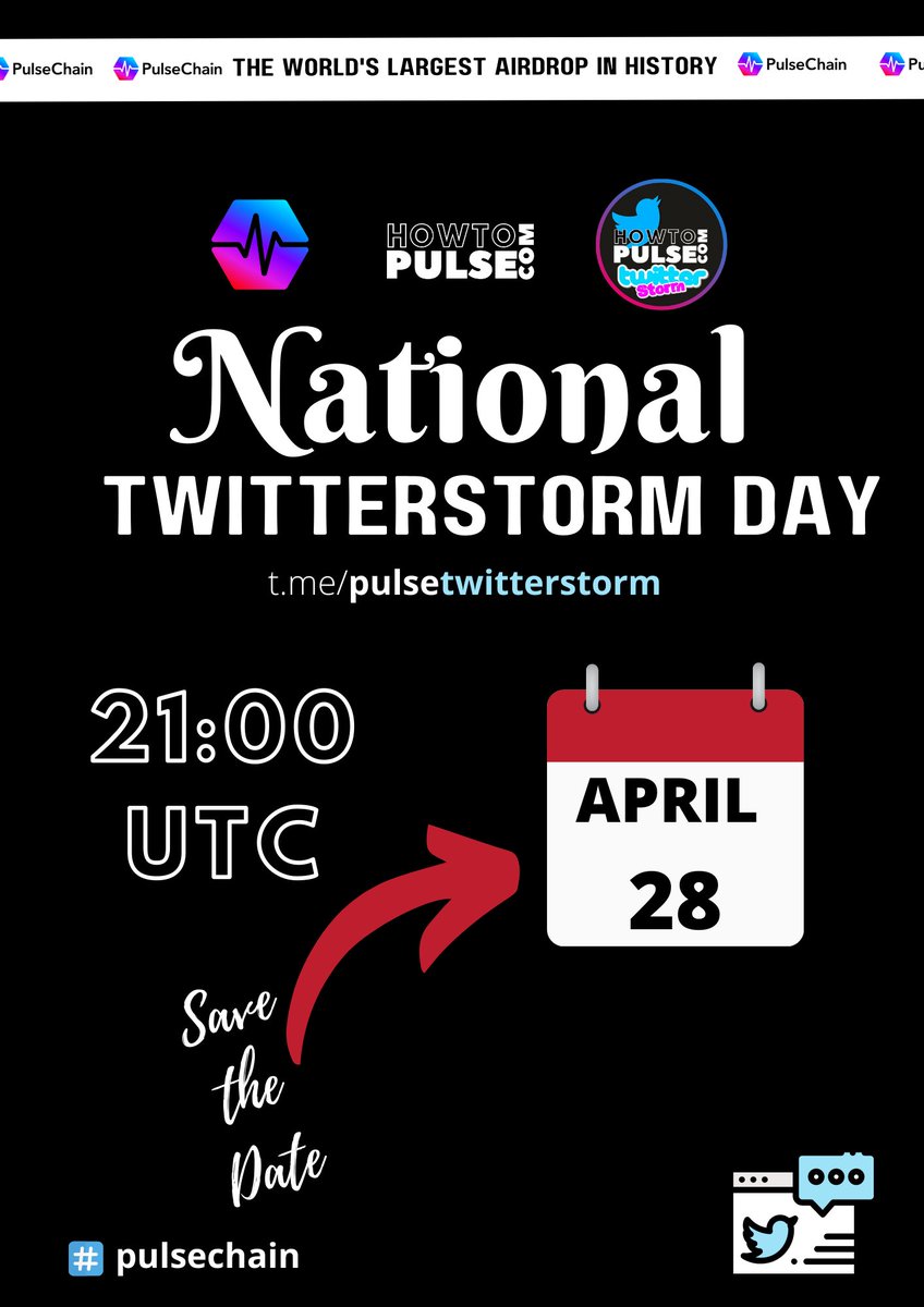 HowToPulse - PulseChain, PulseX & HEX News (@howtopulse) on Twitter photo THE WORLDS LARGEST #TWITTERSTORM IN HISTORY
DATE: TOMORROW, Thursday 28th April.
TIME: 21:00 UTC
Weโre taking the TwitterStorm to the next level and NEED ๐ your help!!!
Let's make #PULSECHAIN go VIRAL!!! <a href="/PulsechainCom/">PulseChain.com Ethereum fork including ERC20s</a> <a href="/PulseXcom/">PulseX</a>
WHERE: t.me/pulsetwitterstโฆ THE WORLDS LARGEST #TWITTERSTORM IN HISTORY
DATE: TOMORROW, Thursday 28th April.
TIME: 21:00 UTC
Weโre taking the TwitterStorm to the next level and NEED ๐ your help!!!
Let's make #PULSECHAIN go VIRAL!!! <a href="/PulsechainCom/">PulseChain.com Ethereum fork including ERC20s</a> <a href="/PulseXcom/">PulseX</a>
WHERE: t.me/pulsetwitterstโฆ
