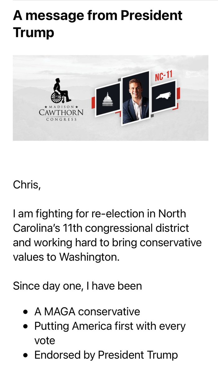 NCPoliticalSpin's tweet photo. @SenThomTillis Agree and thank you. Also it’s time to dial up the heat on Cawthorn even more. See attached email blast. #NCPOL #NC11 #FireMadison https://t.co/g8y046abM2
