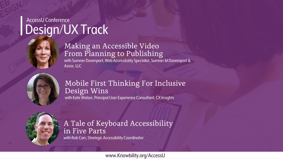 knowbility's tweet image. From creating accessible videos to ensuring keyboard accessibility, sessions in our design/UX track at AccessU will give you critical skills for your career. Join us in Austin or online!
Knowbility.org/AccessU
@SumnerDavenport
@rgcarrjr
@kwalser
#A11y
#Accessibility
#AccessU