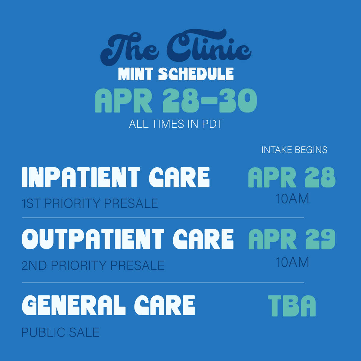 We're holding 2 separate presale events:

Presale Day 1 | 💙 Inpatient Care holders can mint.
Presale Day 2 | 💙 Outpatient Care holders can mint.

All details will be posted in The Clinic.