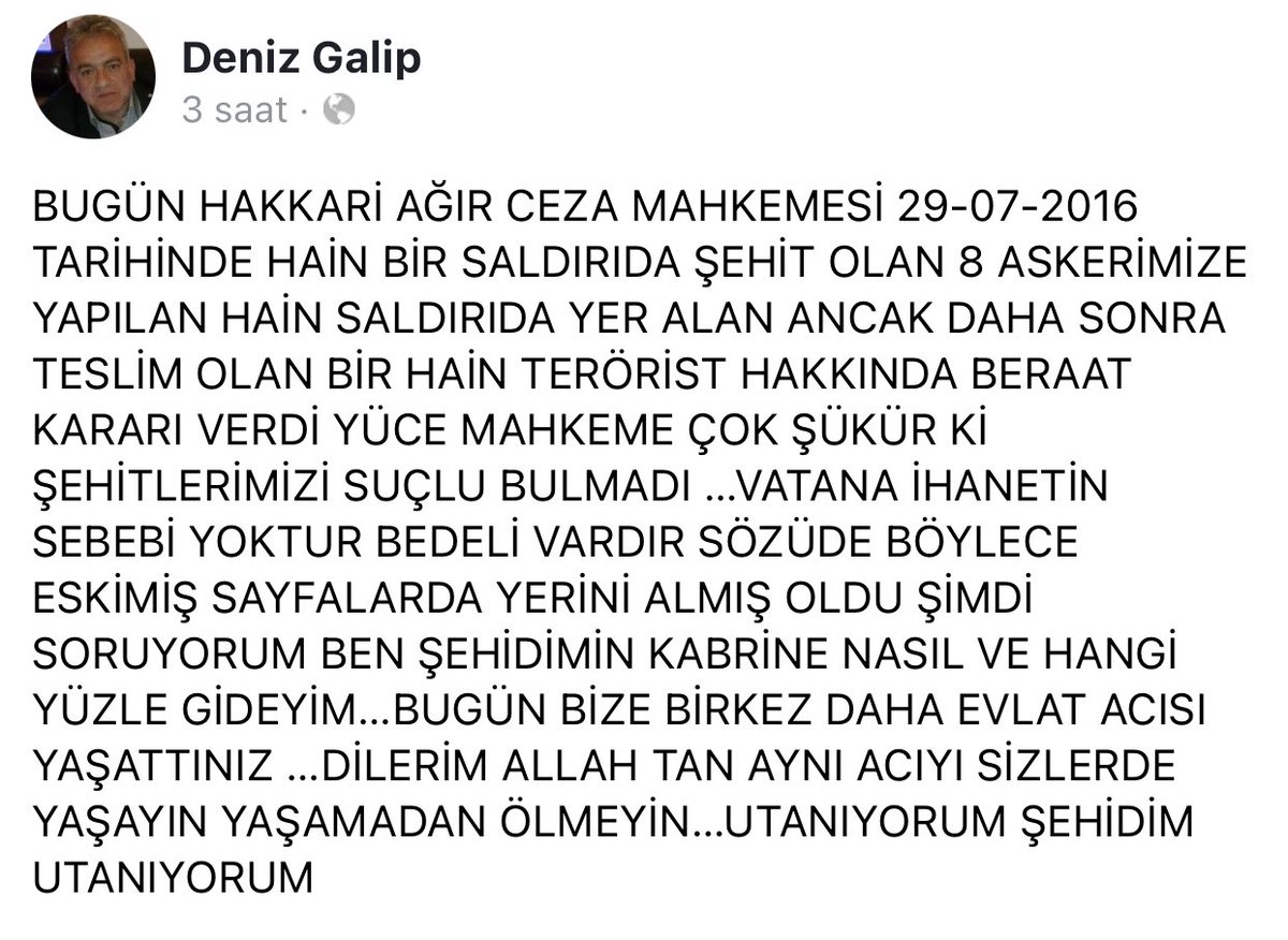 aslanakkbey's tweet photo. 2016'da Hakkâri'deki hain saldırıda verdiğimiz 8 Şehit'ten biri olan Şehit Bekir Eren Deniz'in babası Galip Deniz’in paylaşımı. 

Ben yerin dibine girdim.. Yorum sizin. https://t.co/4zhldciS42
