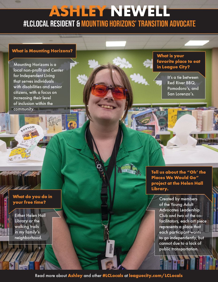 LeagueCityTX's tweet photo. Meet #LCLocal Ashley Newell, a Transition Advocate for local non-profit Mounting Horizons, who serve senior citizens & individuals with disabilities. They're working with Helen Hall Library on an art display titled "Oh, the Places We Would Go."
Learn more: https://t.co/oS0bWBKspp https://t.co/jA0z5ptpev