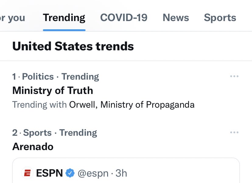 JackPosobiec's tweet photo. Ministry of Truth is now the #1 trend in the United States after news the Biden Admin launched a Homeland Security ‘Disinformation Board’ https://t.co/q8LChCfxQs