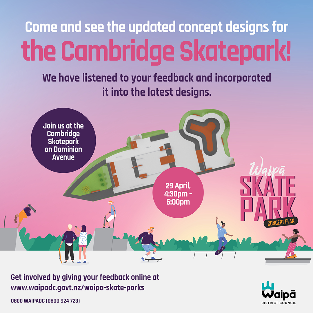 WaipaNZ's tweet photo. Come along at 4:30pm - 6pm today to the Cambridge Skatepark on Dominion Avenue to check out the updated Cambridge Skatepark concept plan! 🛹🛹🛹
See the new designs, ask any questions and provide any additional feedback. Visit https://t.co/Mu5UpHMGvI https://t.co/spQI6cgo0J