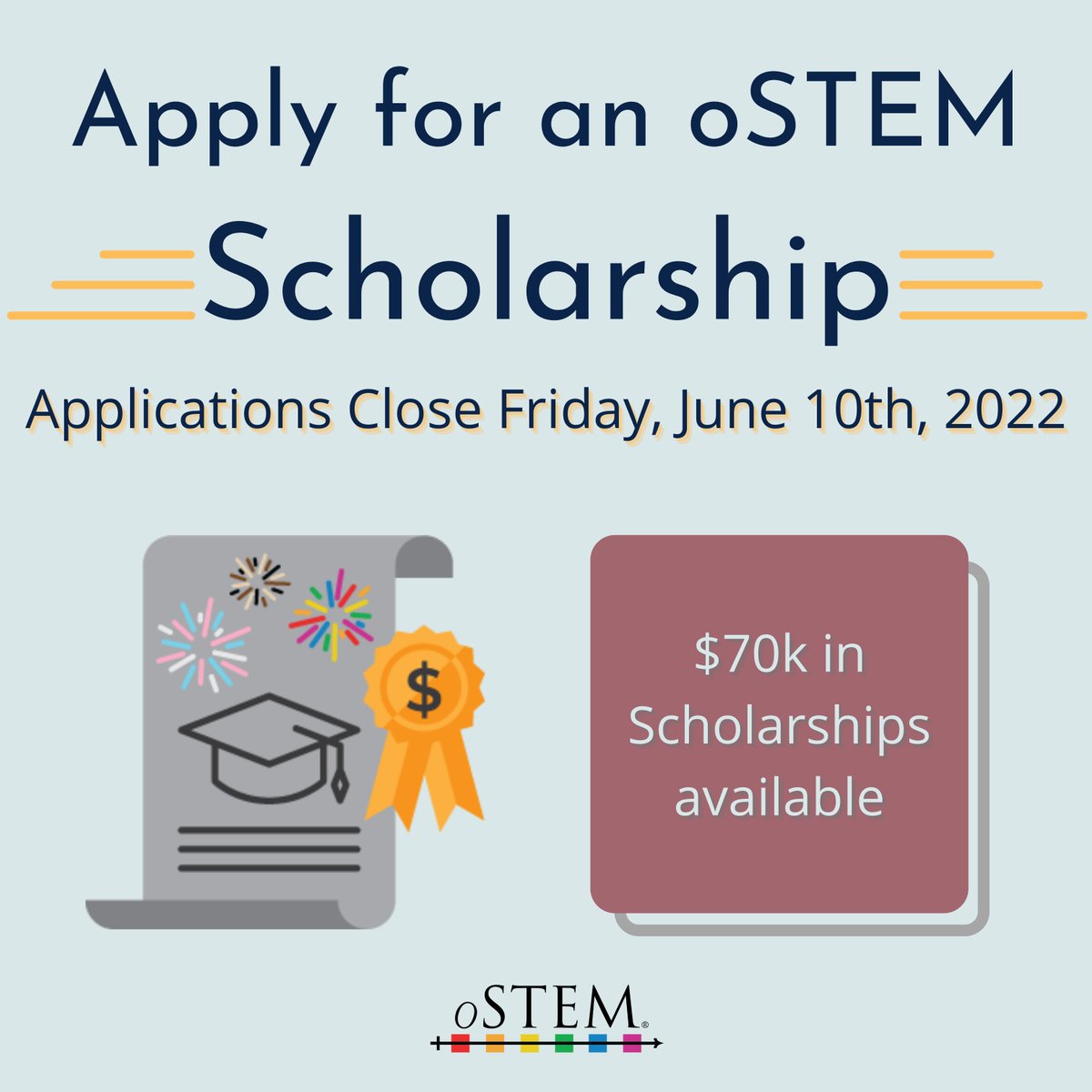 The oSTEM scholarship program is back for 2022! Applications are open until June 10th! There are opportunities for community college, undergraduate, and graduate students! Check out bit.ly/3uyFL1M for more information and to apply! #scholarship #STEM #LGBTQ