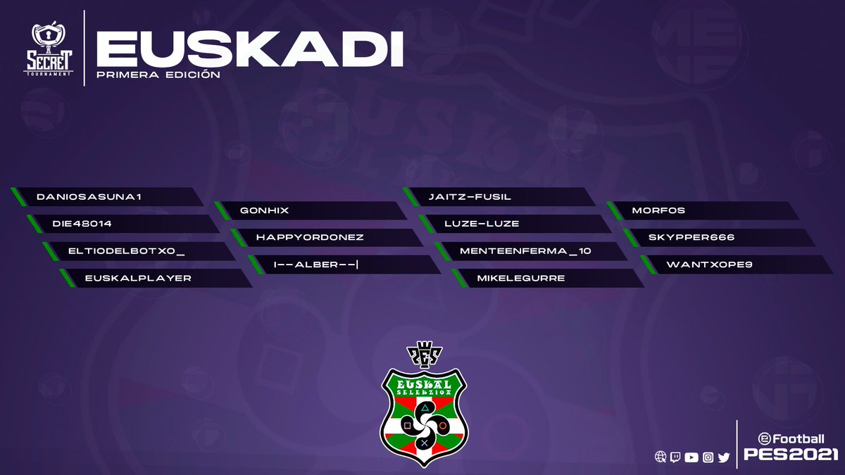 #SecretPES #PES2021

¡Continuamos anunciando a la segunda  comunidad que participara en nuestro torneo de Efootball PES 2021!

¡Desde el norte de la península llega <a href="/EuskalPes/">Euskal Selekzioa PES</a>!

¡Juntos pelearán cada partido hasta el último segundo hasta darlo todo!

¡Mucha suerte chicos! (2/7)